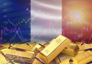Gold bars on France flag in background. Gold bars stacked on French flag. Concept of France gold