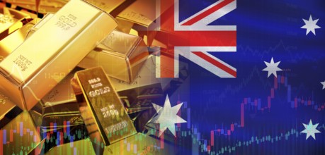 Gold bars stacked on Australian flag. Australia gold reserves, Concept