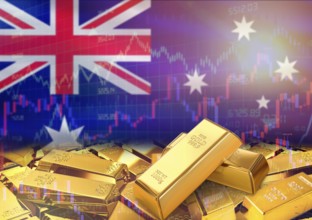 Gold bars on Australia flag in background. Gold bars stacked on Australian flag. Concept of