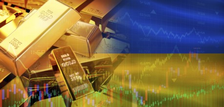 Gold bars stacked on Ukrainian flag. Ukraine gold reserves, Concept