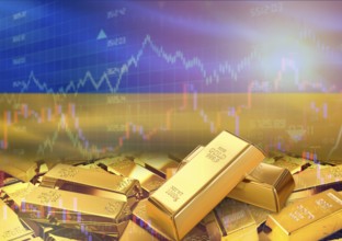 Gold bars on Ukraine flag in background. Gold bars stacked on Ukrainian flag. Concept of Ukraine