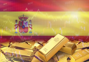 Gold bars on Spain flag in background. Gold bars stacked on Spanish flag. Concept of Spain gold