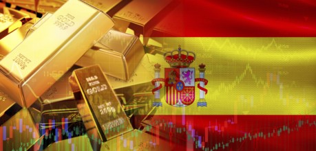 Gold bars stacked on Spanish flag. Spain gold reserves, Concept
