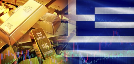 Gold bars stacked on Greek flag. Greece gold reserves, Concept