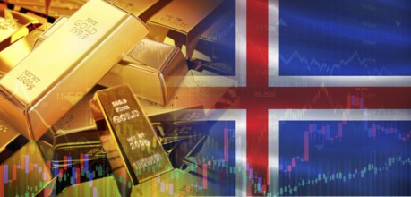 Gold bars stacked on Icelandic flag. Iceland gold reserves, Concept