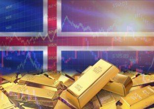 Gold bars on Iceland flag in background. Gold bars stacked on Icelandic flag. Concept of Iceland