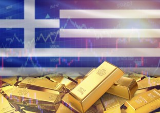 Gold bars on Greece flag in background. Gold bars stacked on Greek flag. Concept of Greece gold
