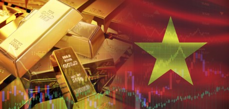 Gold bars stacked on Vietnamese flag. Vietnam gold reserves, Concept