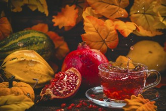 A dynamic moment with sparkling tea and pomegranate seeds in an autumnal setting