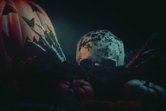 Halloween scene with a skull, skeletonised hands and pumpkins in dark earth