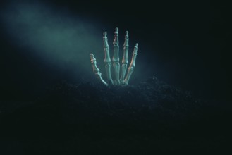 A skeleton hand protruding from the dark earth in the dim light, Halloween