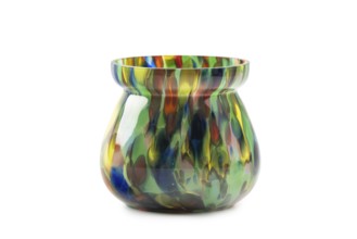 Modern, colourful glass vase with vibrant mix of colours, white background