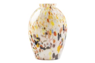 Vase with bright, colourful mosaic design, white background