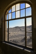 View from a former dwelling house into the desert, Kolmanskop, restricted diamond area, Karas