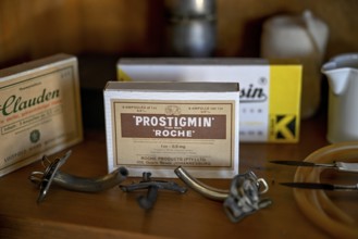 Exhibit in a display case in the former shop, drug Postigmin, Kolmanskop, diamond restricted area,