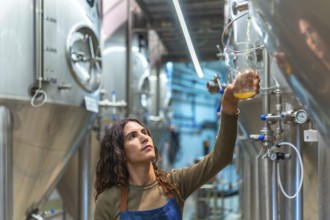 Woman brewer performing quality control, holding a glass sample of fresh beer, standing in a modern