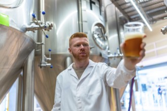 Brewery worker performing quality control by examining a glass of amber craft beer, ensuring