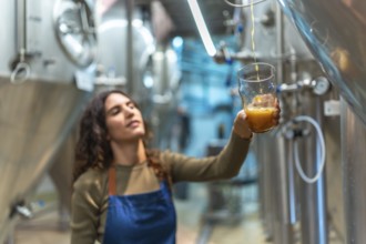 Female brewer wearing an apron, carefully pouring freshly brewed craft beer into a glass for a