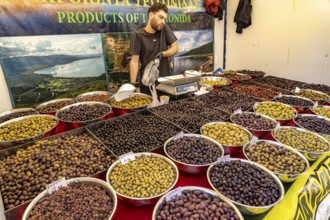 Olives in many varieties and colours at a market in the Greek capital Athens, Greece