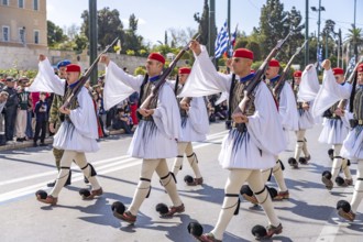 The traditional changing of the guard of the Evzones in front of the Greek Parliament in the Greek