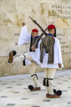 The traditional changing of the guard of the Evzones in front of the Greek Parliament in the Greek