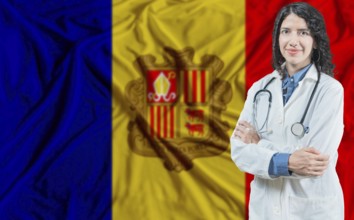 Andorran medicine and healthcare concept. Doctor close up against Andorra flag background