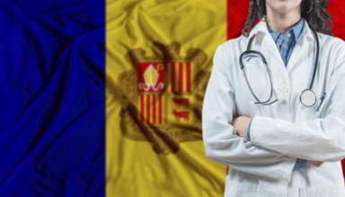Medical professional on Andorra flag. Healthcare and wellness in Andorra, Concept