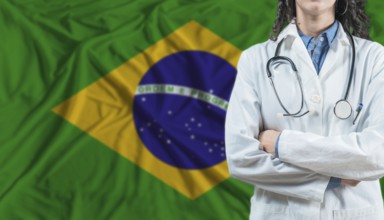 Medical professional on Brazil flag. Healthcare and wellness in Brazil, Concept