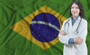Brazilian medicine and healthcare concept. Doctor close up against Brazil flag background