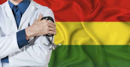 Bolivia healthcare concept. Doctor with stethoscope on Bolivia flag. Doctor holding stethoscope on