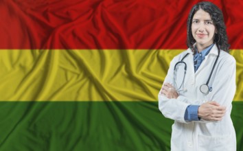 Bolivian medicine and healthcare concept. Doctor close up against Bolivia flag background