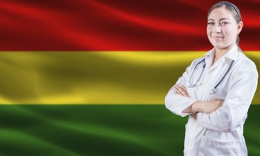 Female doctor on Bolivia flag. Doctor with crossed arms on Bolivia flag. Bolivia health and care