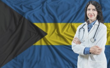 Bahamian medicine and healthcare concept. Doctor close up against Bahamas flag background