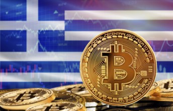 Investors in cryptocurrency and Blockchain Technology in Greece, Concept. Bitcoin with Greece flag