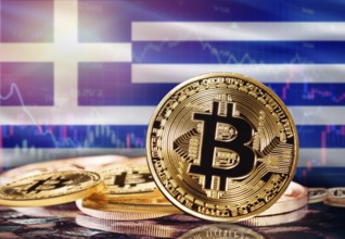 Bitcoin with Greece flag in the background. Investors in cryptocurrency and Blockchain Technology