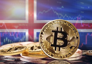 Bitcoin with Iceland flag in the background. Investors in cryptocurrency and Blockchain Technology