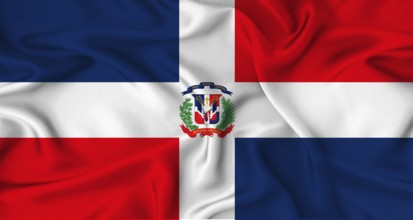 Realistic Dominican Republic flag waving. Close up of flag of Dominican Republic with cloth texture