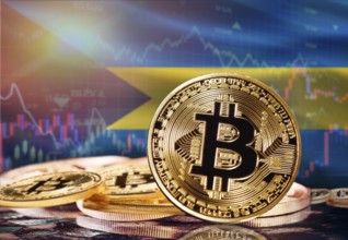 Bitcoin with Bahamas flag in the background. Investors in cryptocurrency and Blockchain Technology