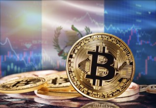 Bitcoin with Guatemala flag in the background. Investors in cryptocurrency and Blockchain