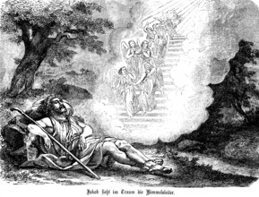 On the journey to Mesopotamia, Jacob rests and sees the ladder to heaven in a dream, nature, rock,
