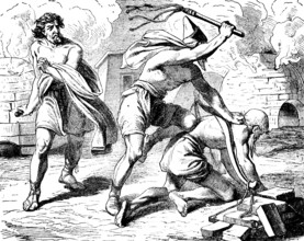 Moses slays the Egyptian taskmaster who tortured his brothers, murder, slain, whip, stone oven,