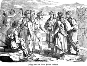 Joseph is sold by his brothers to passing Ishmaelites for 20 pieces of silver, Joseph, trade,