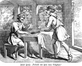 Jacob speaks to Esau, sell me your firstborn, die, birthright, old man, child, trade, table,