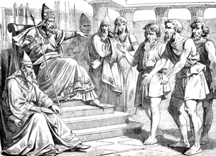 The officials of the Iraelites ask Pharaoh for mercy, ruler of Egypt, throne room, palace, Moses'