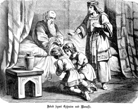 Jacob blesses Ephraim and Manses, Christian blessing, God, praying, kneeling, room, bed, children,