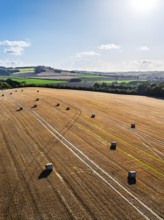 Straw bales in the Scottish fields from a drone, Southeast Scotland, UK