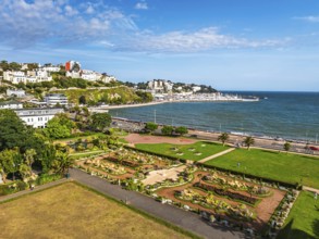 View of Torquay over Italian Garden in Abbey Park from drone, Torquay, Torbay, Devon, England,