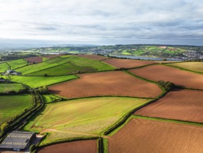 Fields and Farms at evening sun from a drone, Shaldon, Torquay, Devon, England, United Kingdom