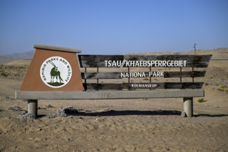 Sign at the entrance to Tsau//Khaeb National Park, near Kolmanskop, diamond restricted area, Karas