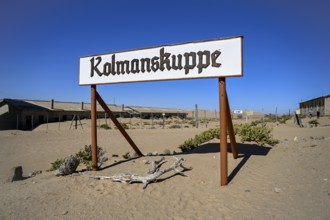 Sign Kolmanskop, diamond restricted area, near Lüderitz, Karas region, Namibia